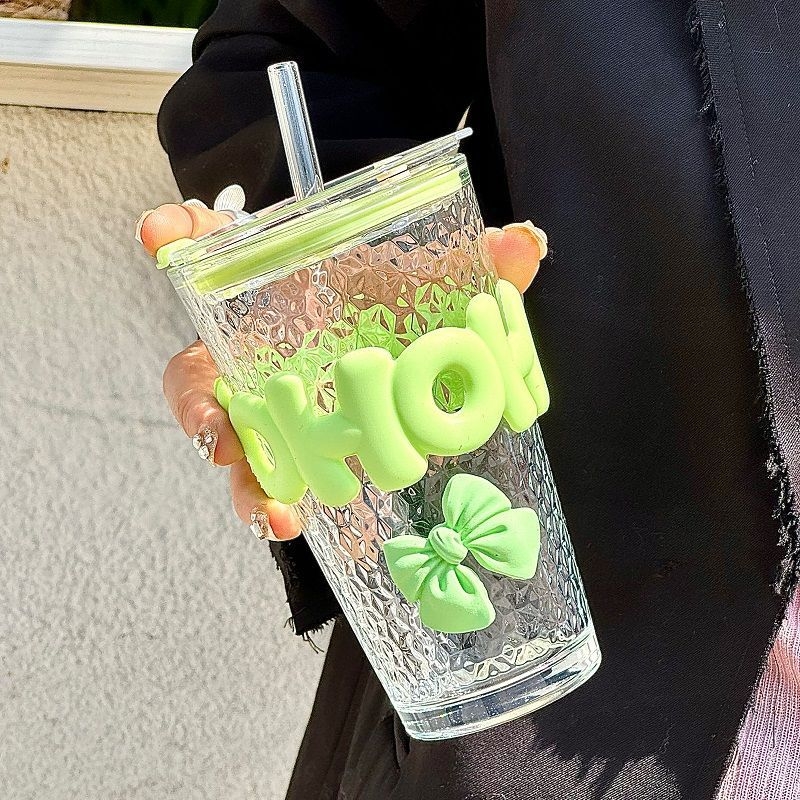 Cupe Sippy în stil INS cu pai, sticlă soda-lime, formă rotundă, model desene animate, protecție împotriva arsurilor și izolație termică