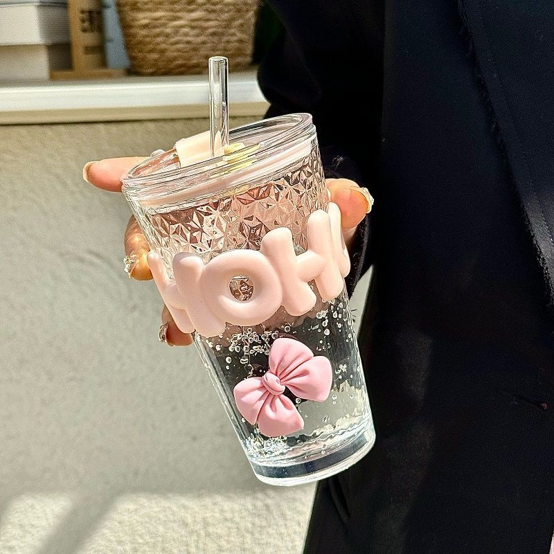 Cupe Sippy în stil INS cu pai, sticlă soda-lime, formă rotundă, model desene animate, protecție împotriva arsurilor și izolație termică