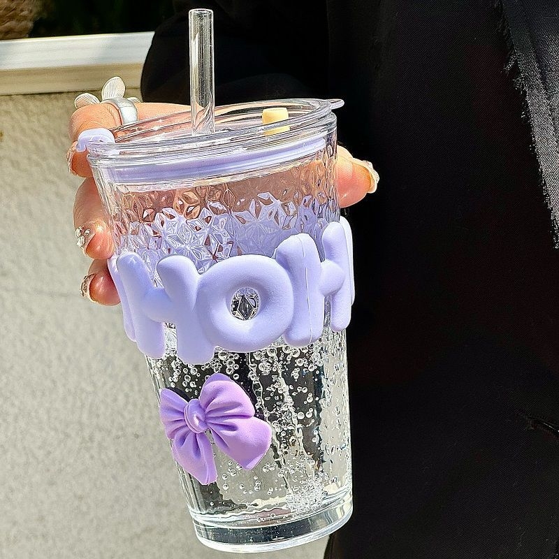 Cupe Sippy în stil INS cu pai, sticlă soda-lime, formă rotundă, model desene animate, protecție împotriva arsurilor și izolație termică