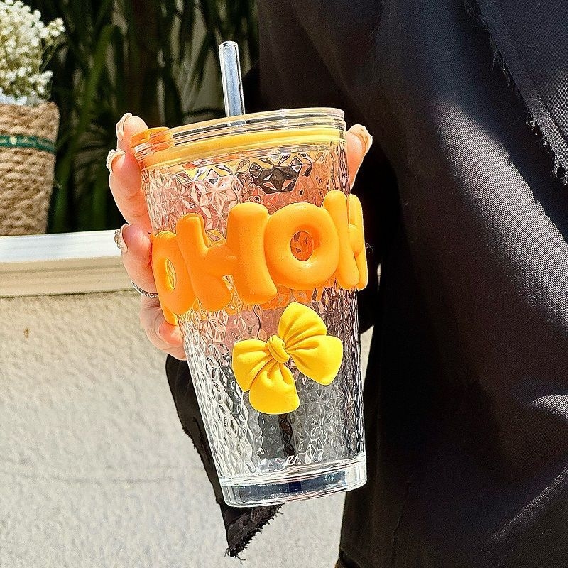 Cupe Sippy în stil INS cu pai, sticlă soda-lime, formă rotundă, model desene animate, protecție împotriva arsurilor și izolație termică