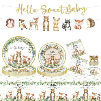 Set de veselă de petrecere cu temă ursuleț pentru copii — farfurii, șervețele și față de masă, de unică folosință (din plastic și hârtie)