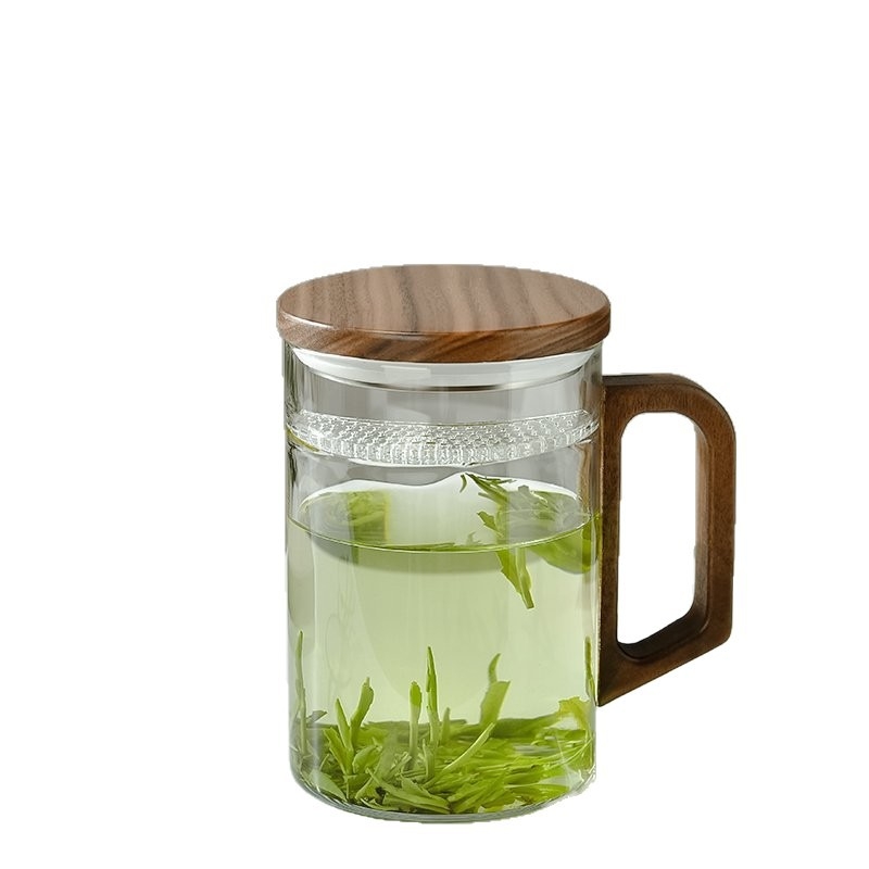 ceașcă de ceai din sticlă borosilikat, cu filtru, cu mâner, formă cilindrică, în stil chinezesc nou, set de două piese, pentru birou
