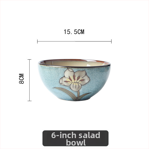 Keramický servis na stôl s ručne maľovanou ľaliou pod glazúrou, porcelán, obsahuje misu na ryžu, tanier na ryby a misu na polievku s viečkom