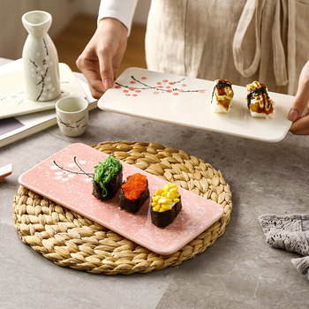 Farfurie pătrată pentru sushi din porțelan, stil japonez, cu floare de prun sub glazură, potrivită pentru microunde