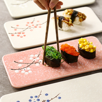 Farfurie pătrată pentru sushi din porțelan, stil japonez, cu floare de prun sub glazură, potrivită pentru microunde