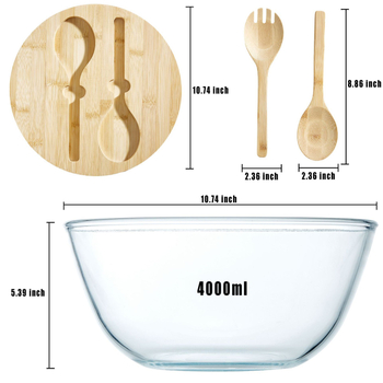 ECOWAY Μεγάλο κυκλικό γυάλινο μπολ σαλάτας με καπάκι από μπαμπού και μαχαιροπίρουνα από μπαμπού, ασφαλές σε φούρνο μικροκυμάτων, γυαλί βορσολιτικό υψηλής αντοχής