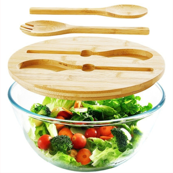 ECOWAY Veľká kruhová sklenená misa na šalát s bambusovým viečkom a bambusovou vidličkou so lyžicou, mikrovlnky vhodné, sklo s vysokým borosilikátom