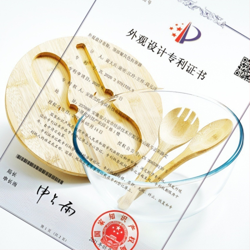 ECOWAY Veľká kruhová sklenená misa na šalát s bambusovým viečkom a bambusovou vidličkou so lyžicou, mikrovlnky vhodné, sklo s vysokým borosilikátom