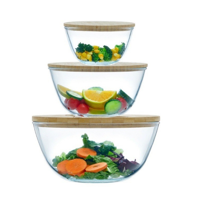 ECOWAY Μεγάλο κυκλικό γυάλινο μπολ σαλάτας με καπάκι από μπαμπού και μαχαιροπίρουνα από μπαμπού, ασφαλές σε φούρνο μικροκυμάτων, γυαλί βορσολιτικό υψηλής αντοχής