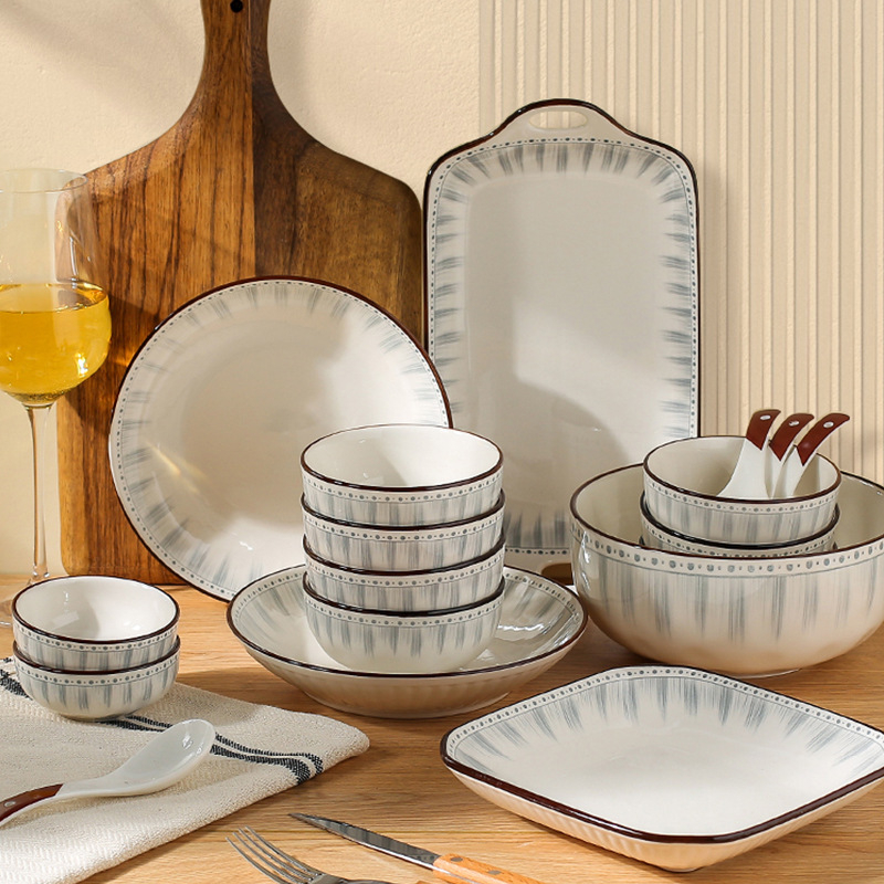 Yahaoda porculanski set posuđa – moderni minimalistički stil s prugastim pod-glazurnim dizajnom, prikladan za mikrovalnu, setovi 28/46/38/52/35 komada