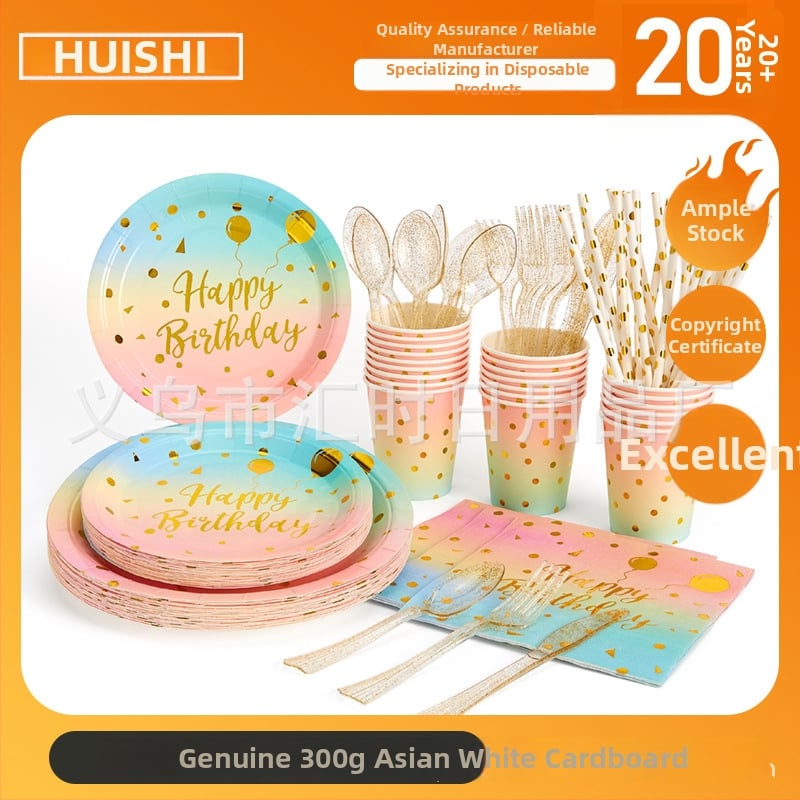 Set de veselă de unică folosință din hârtie pentru petreceri (cești și farfurii) - formă circulară, material hârtie, biodegradabil, imprimare logo personalizabilă, ambalaj 100 de bucăți