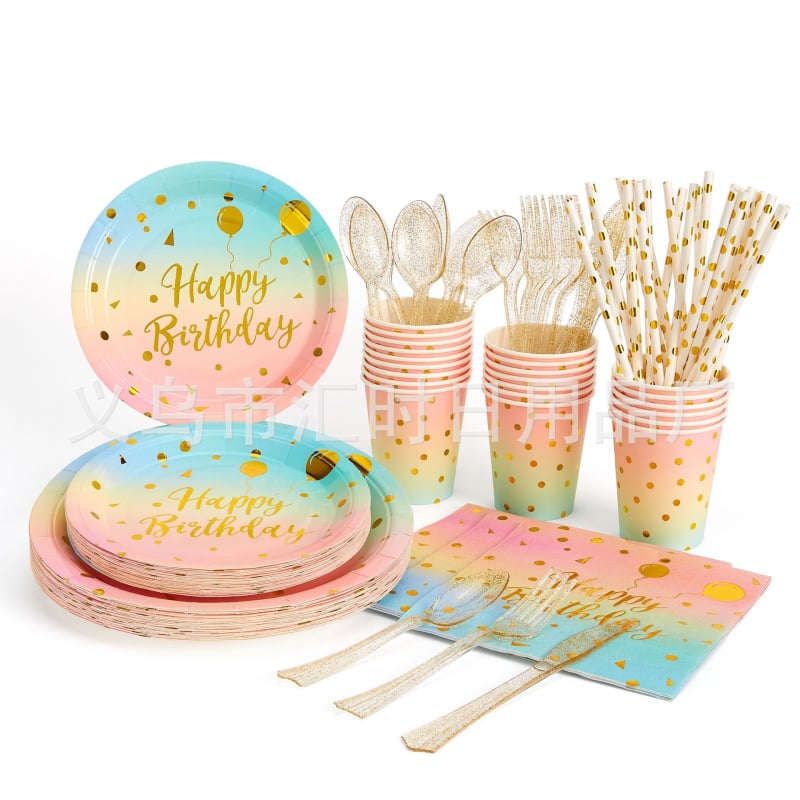 Set de veselă de unică folosință din hârtie pentru petreceri (cești și farfurii) - formă circulară, material hârtie, biodegradabil, imprimare logo personalizabilă, ambalaj 100 de bucăți