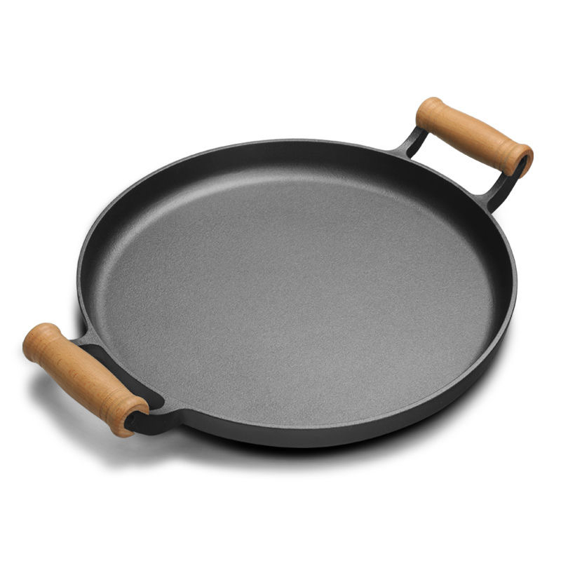Tigaie din fontă pentru clătite, cu mâner din lemn cu două urechi și capac de sticlă, acoperire antiaderentă, adâncime 4 cm, compatibil cu gaz și inducție