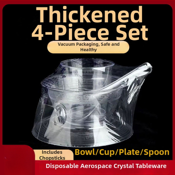 Jednorazový servis riadu — štvordielny set: misky, taniere, poháre a lyžičky; materiál: potravinársky plast; nie je biologicky rozložiteľný