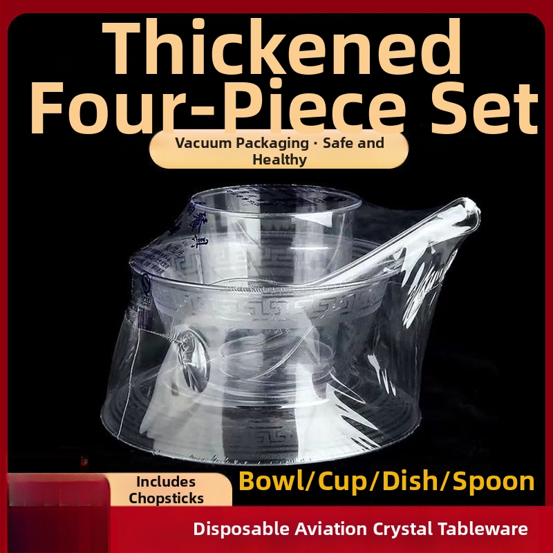 Jednorazový servis riadu — štvordielny set: misky, taniere, poháre a lyžičky; materiál: potravinársky plast; nie je biologicky rozložiteľný