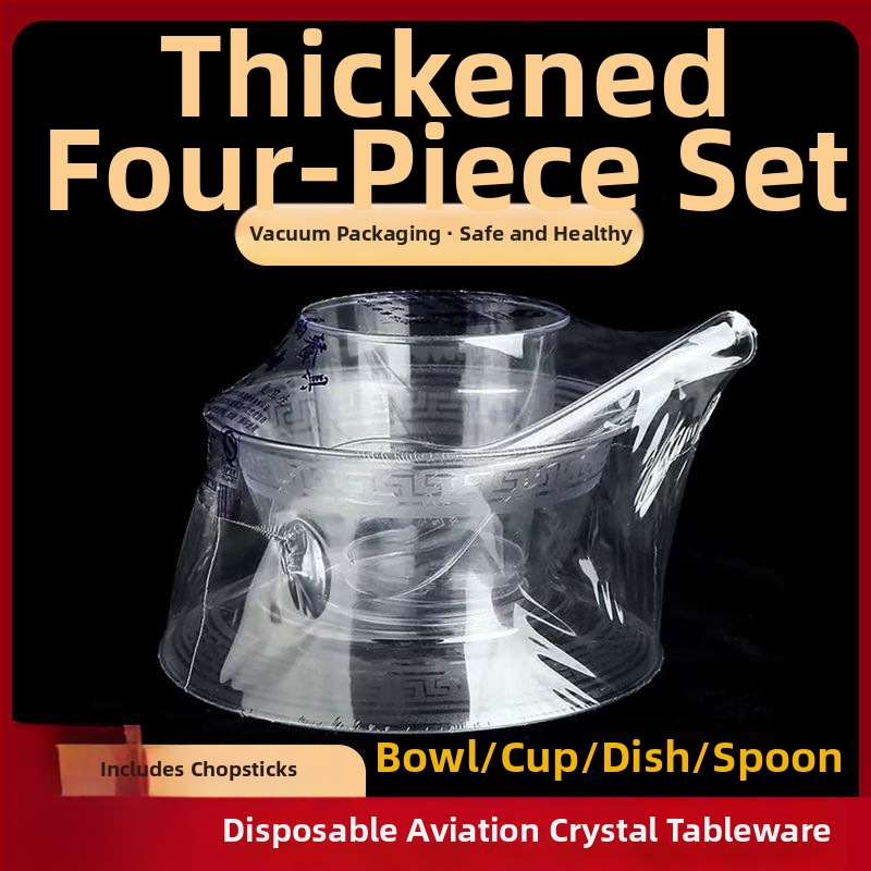 Jednorazový servis riadu — štvordielny set: misky, taniere, poháre a lyžičky; materiál: potravinársky plast; nie je biologicky rozložiteľný