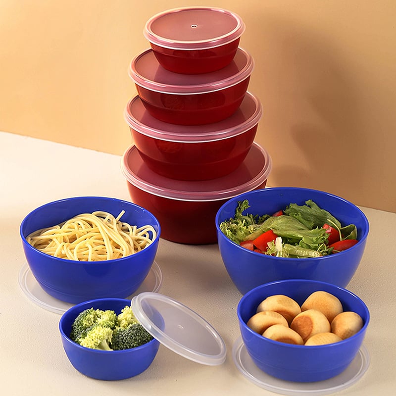 Кръгъл пластмасов комплект за съхранение на храната със затварящи се капаци, 301–500 ml, подходящ за хладилник и фризер