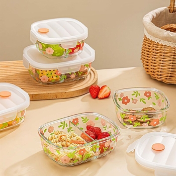 Стъклена кутия за обяд – микровълнова безопасна, еднослоен/двуслоен вариант, флорален дизайн, персонализируема