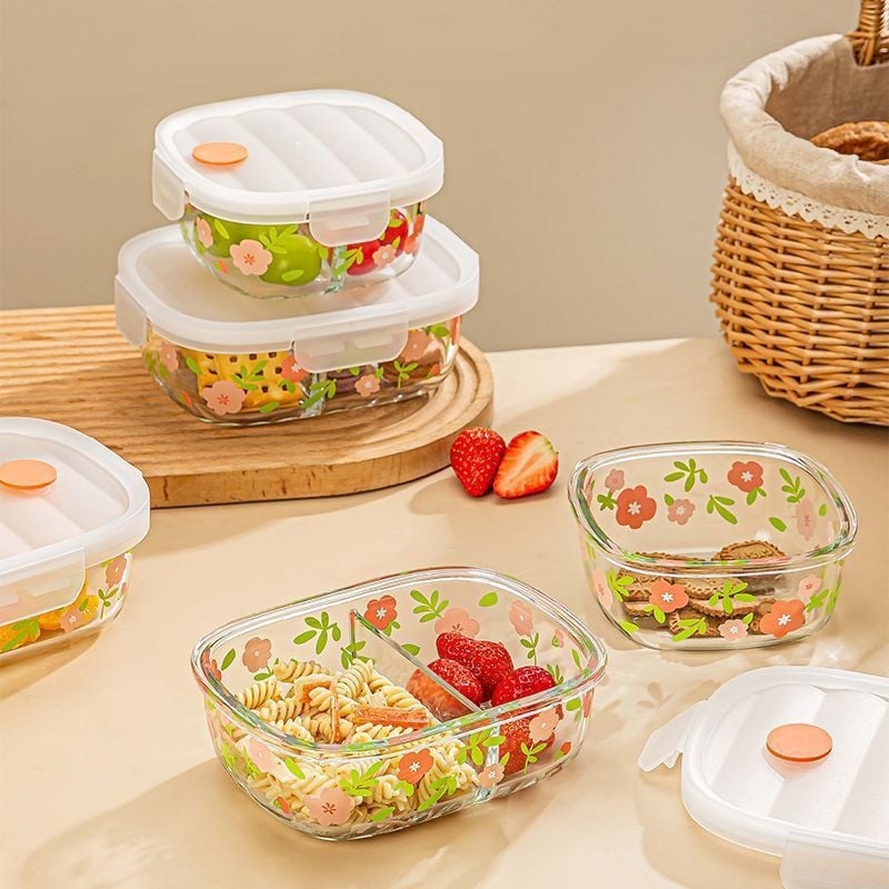 Стъклена кутия за обяд – микровълнова безопасна, еднослоен/двуслоен вариант, флорален дизайн, персонализируема