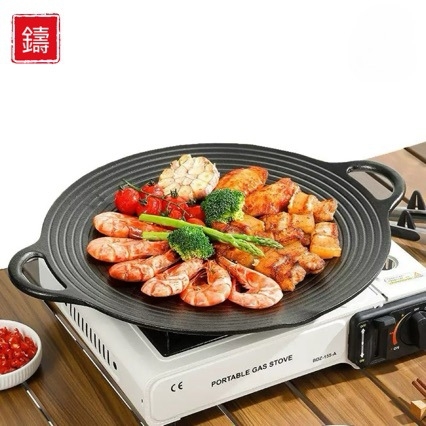 Litinijska grill tava za vanjsko korejsko barbecue, okrugla, bez premazivanja, kompatibilna s indukcijom i plinskim štednjakom