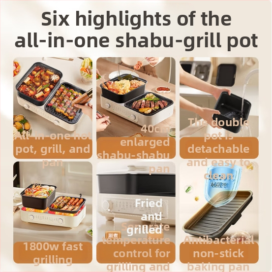 All-in-One Shabu-Shabu lonac, 1800W, tijelo od lijevanog aluminija, dubina unutarnjeg spremnika 9 cm, za 3-4 osobe, regulacija temperature