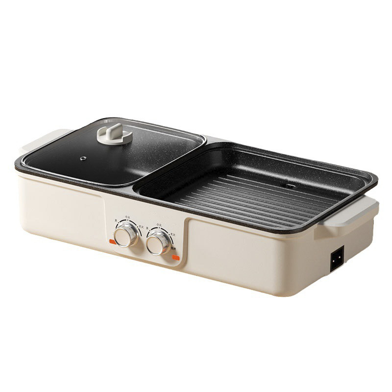 Grill electric și oală hot pot – all-in-one, 1200–1500W, capacitate 3–4 L, corp din plastic, prăjire, fierbere, sotare.