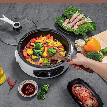 Oală electrică multifuncțională 4–5 L, 1300 W, vas interior din oțel inoxidabil, reglaj temperatură, funcții: prăjit, sotare, hot pot și teppanyaki