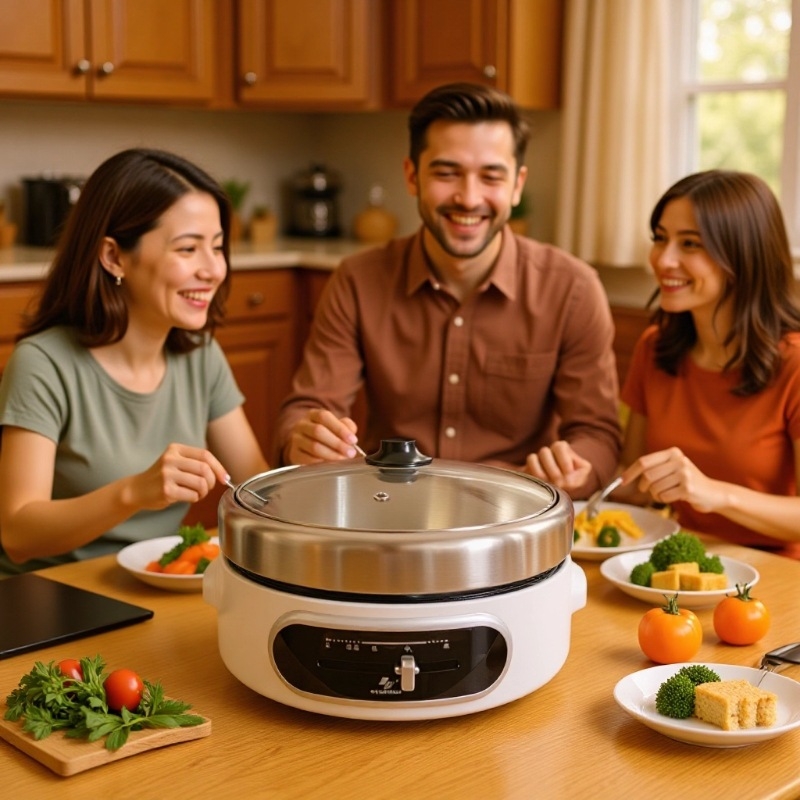 Oală electrică multifuncțională 4–5 L, 1300 W, vas interior din oțel inoxidabil, reglaj temperatură, funcții: prăjit, sotare, hot pot și teppanyaki