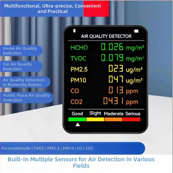 Vnútorný prenosný 6‑v‑1 monitor kvality ovzdušia: CO2 400–5000 PPM; HCHO 0–9.999 mg/m³; TVOC; PM2.5; PM10; 1200 mAh USB-C napájanie; presnosť 1 PPM, 0.001 mg/m³, 1 µg/m³.