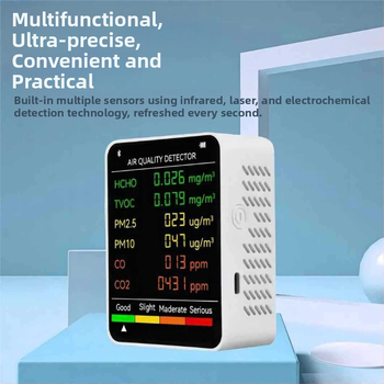 Vnútorný prenosný 6‑v‑1 monitor kvality ovzdušia: CO2 400–5000 PPM; HCHO 0–9.999 mg/m³; TVOC; PM2.5; PM10; 1200 mAh USB-C napájanie; presnosť 1 PPM, 0.001 mg/m³, 1 µg/m³.