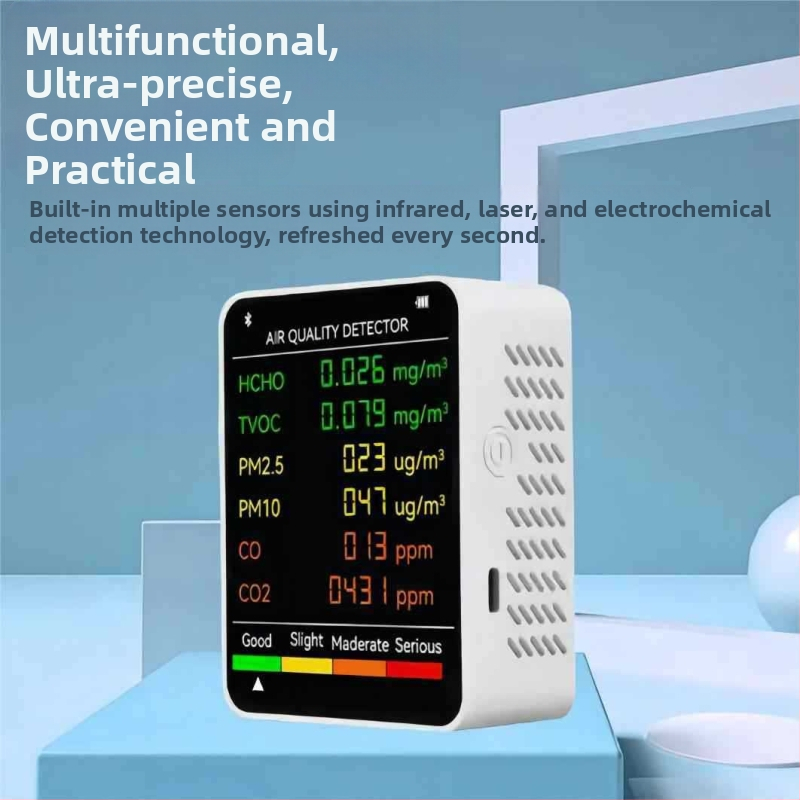 Vnútorný prenosný 6‑v‑1 monitor kvality ovzdušia: CO2 400–5000 PPM; HCHO 0–9.999 mg/m³; TVOC; PM2.5; PM10; 1200 mAh USB-C napájanie; presnosť 1 PPM, 0.001 mg/m³, 1 µg/m³.