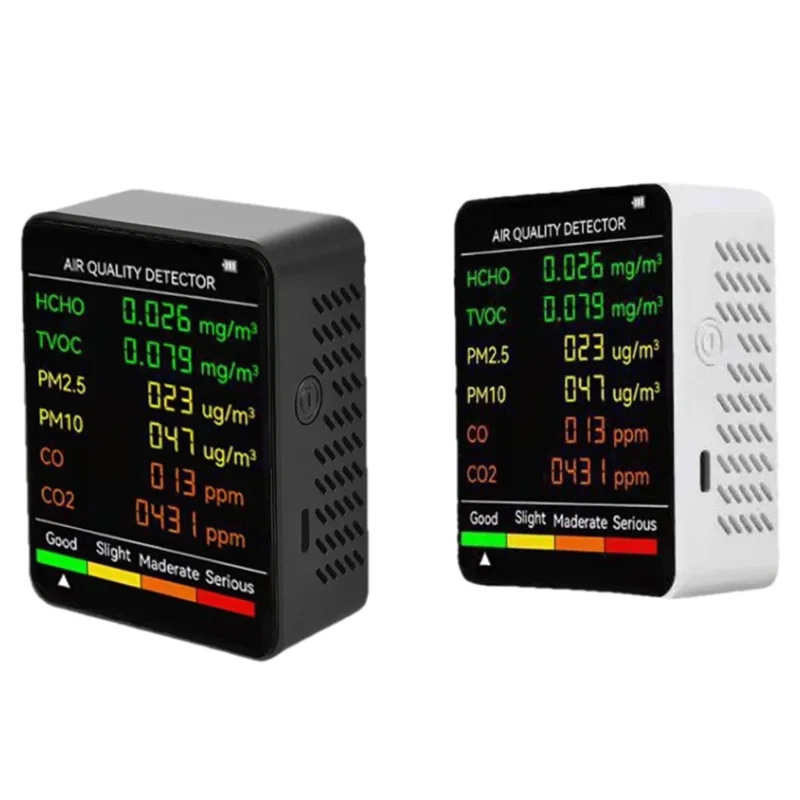 Beltéri hordozható 6‑az‑1‑ben levegőminőség‑mérő: CO2 400–5000 PPM; HCHO 0–9.999 mg/m³; TVOC; PM2.5; PM10; 1200 mAh USB‑C töltés; pontosság 1 PPM, 0.001 mg/m³, 1 µg/m³.
