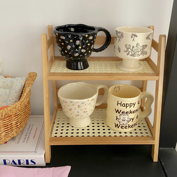 Stolni organizator za pohranu, dvostruki sloj, od bambusovog užeta, model TBZWJ-9416, pogodan za dnevni boravak, moderan minimalistički stil, montaža potrebna