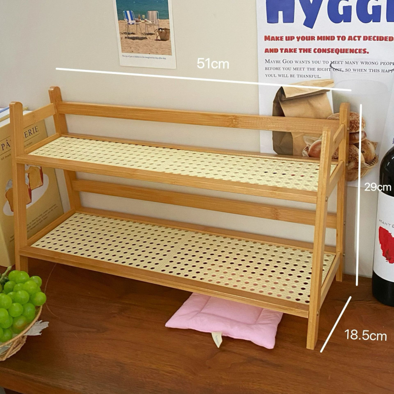 Stolni organizator za pohranu, dvostruki sloj, od bambusovog užeta, model TBZWJ-9416, pogodan za dnevni boravak, moderan minimalistički stil, montaža potrebna