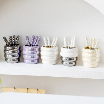 Rozsdamentes acélból készült gyümölcs villa készlet kerámiás tárolóval, felnőtteknek, friss és aranyos stílusban