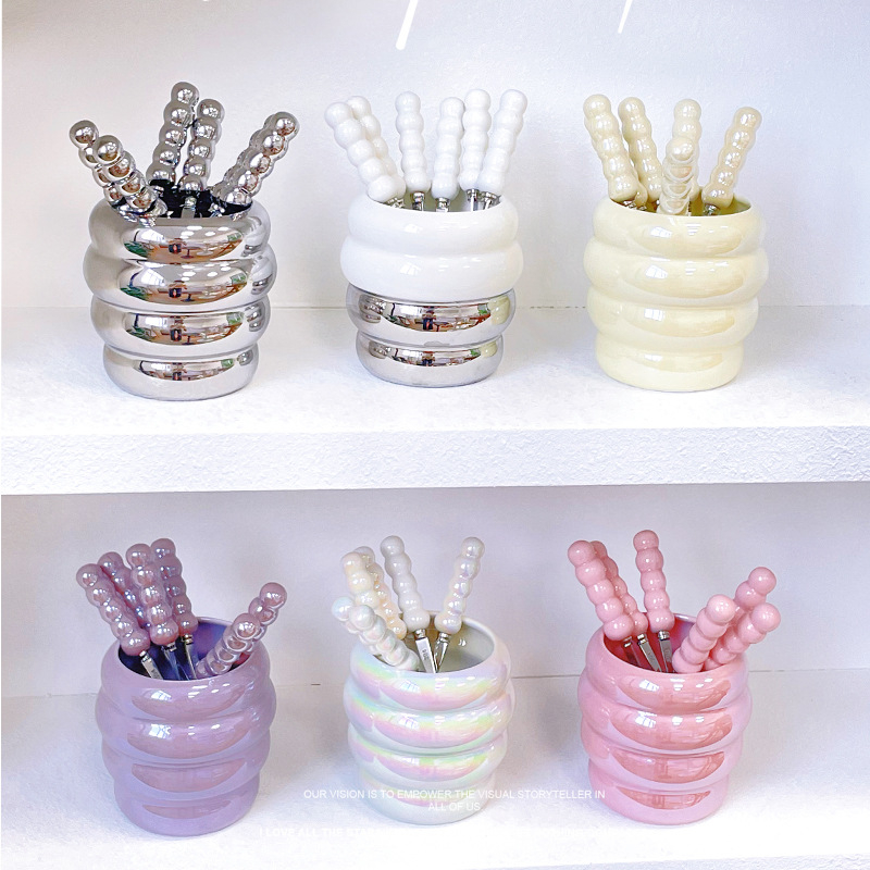 Rozsdamentes acélból készült gyümölcs villa készlet kerámiás tárolóval, felnőtteknek, friss és aranyos stílusban