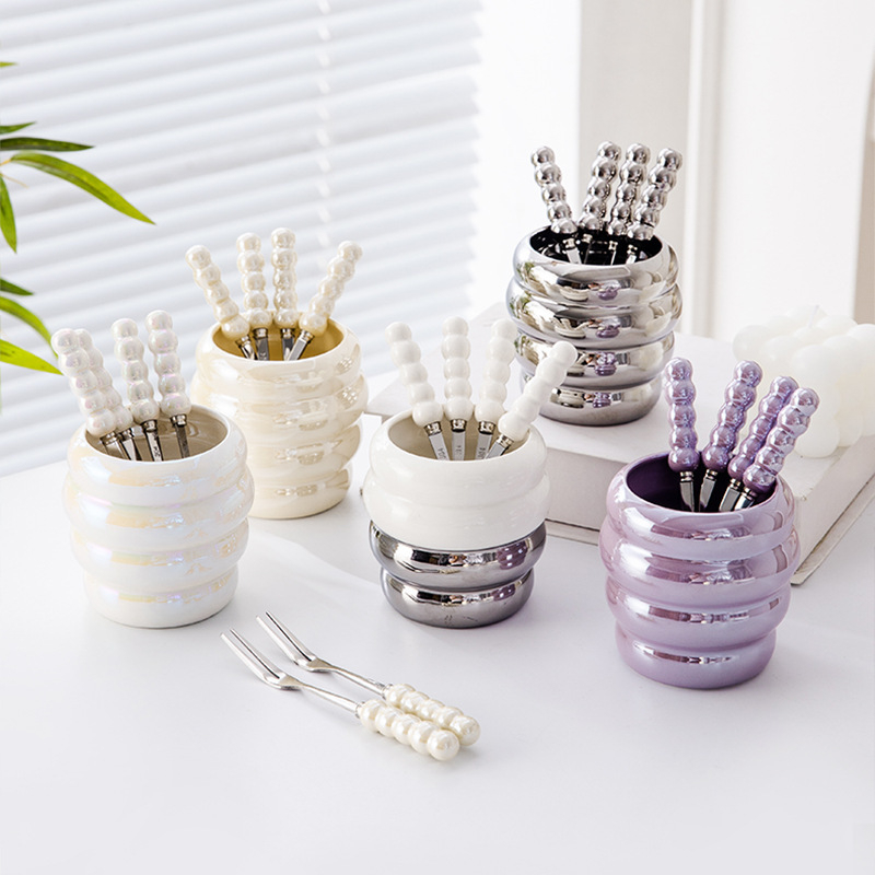 Rozsdamentes acélból készült gyümölcs villa készlet kerámiás tárolóval, felnőtteknek, friss és aranyos stílusban