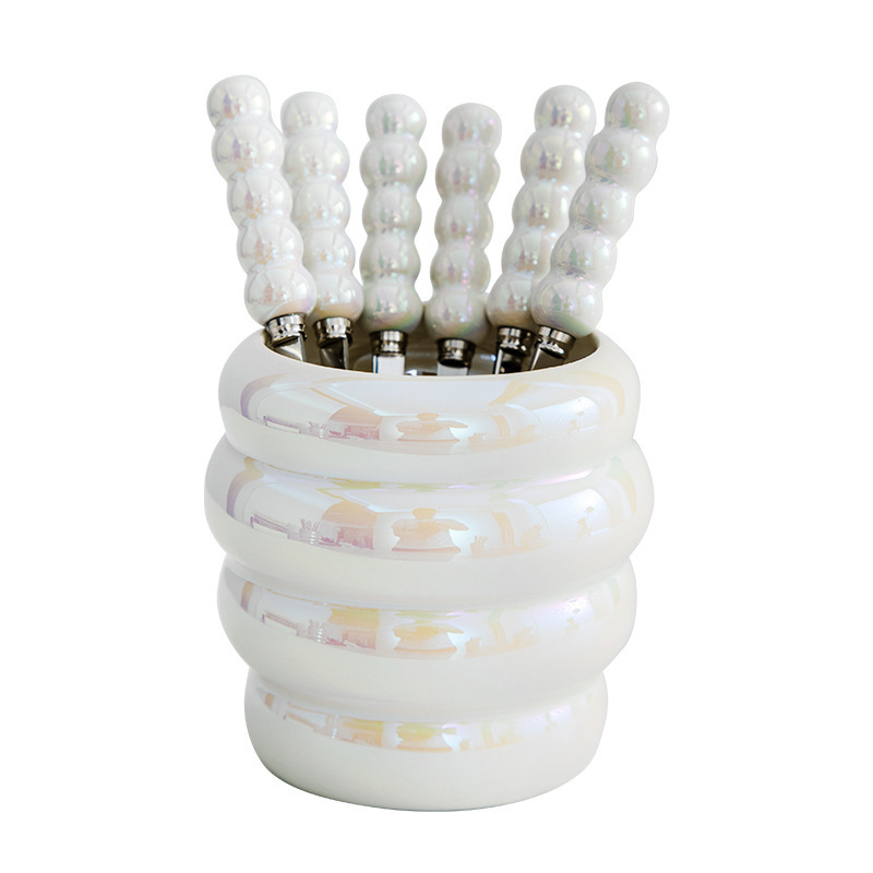 Rozsdamentes acélból készült gyümölcs villa készlet kerámiás tárolóval, felnőtteknek, friss és aranyos stílusban