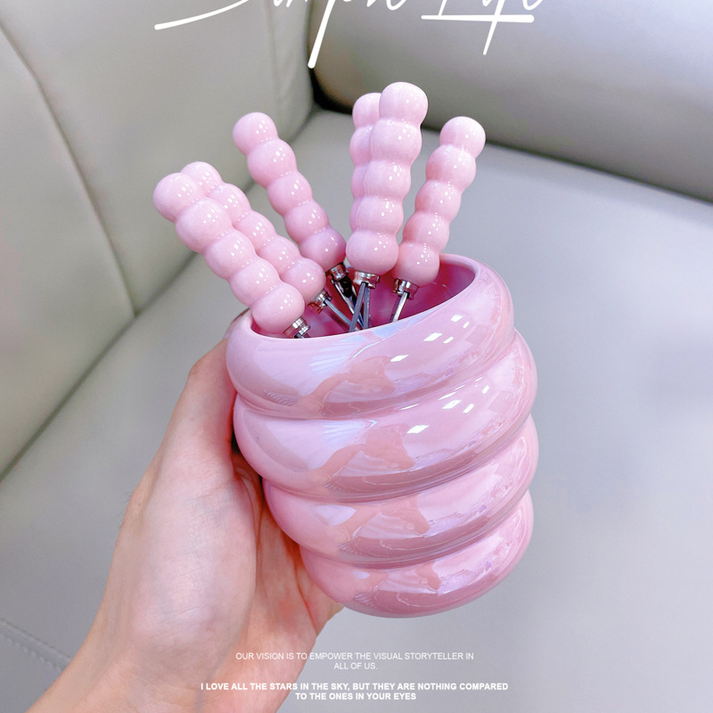 Rozsdamentes acélból készült gyümölcs villa készlet kerámiás tárolóval, felnőtteknek, friss és aranyos stílusban