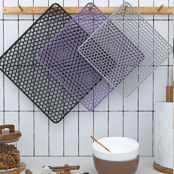 Silikonska četvrtasta podloga za kuhinjski sudoper — uzorak saća (hollow honeycomb texture), protuklizna, zadebljana, višestruka zaštita od odljeva