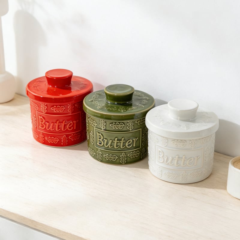 Keramická miska na maslo s vodotesným uzáverom a pohárom na krém, moderný minimalistický štýl, tlač loga