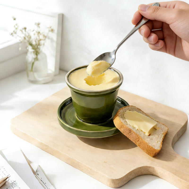 Keramická miska na maslo s vodotesným uzáverom a pohárom na krém, moderný minimalistický štýl, tlač loga