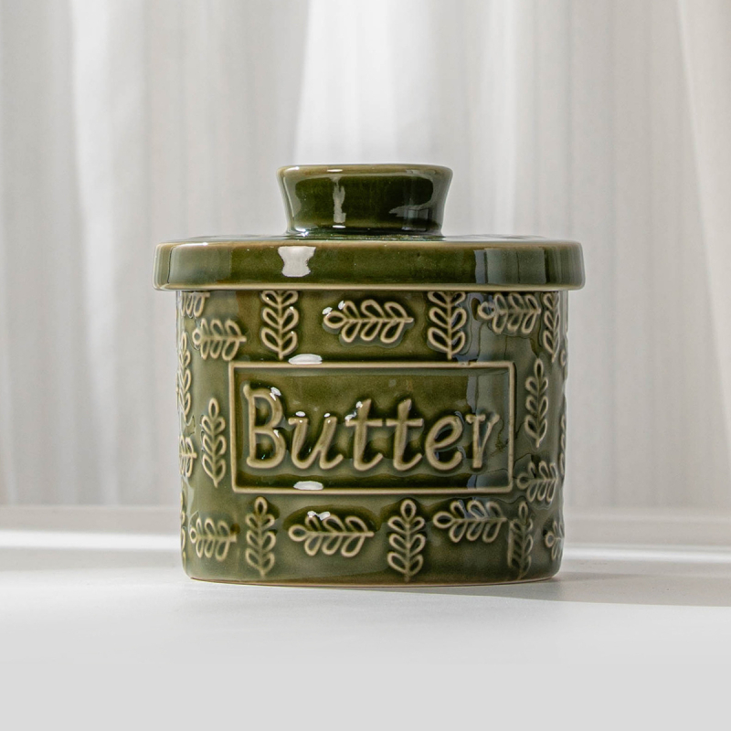 Keramická miska na maslo s vodotesným uzáverom a pohárom na krém, moderný minimalistický štýl, tlač loga