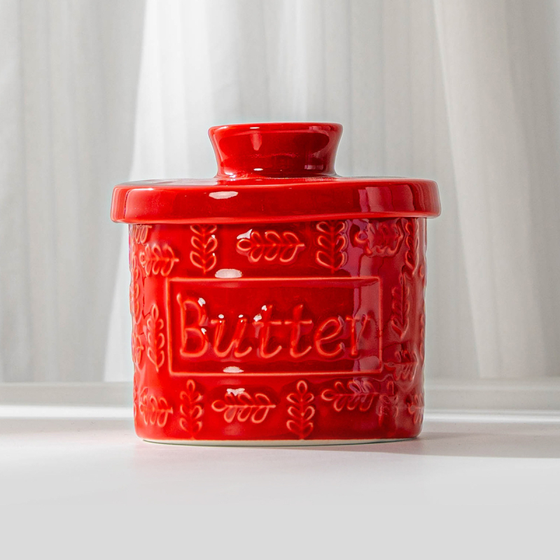 Keramická miska na maslo s vodotesným uzáverom a pohárom na krém, moderný minimalistický štýl, tlač loga