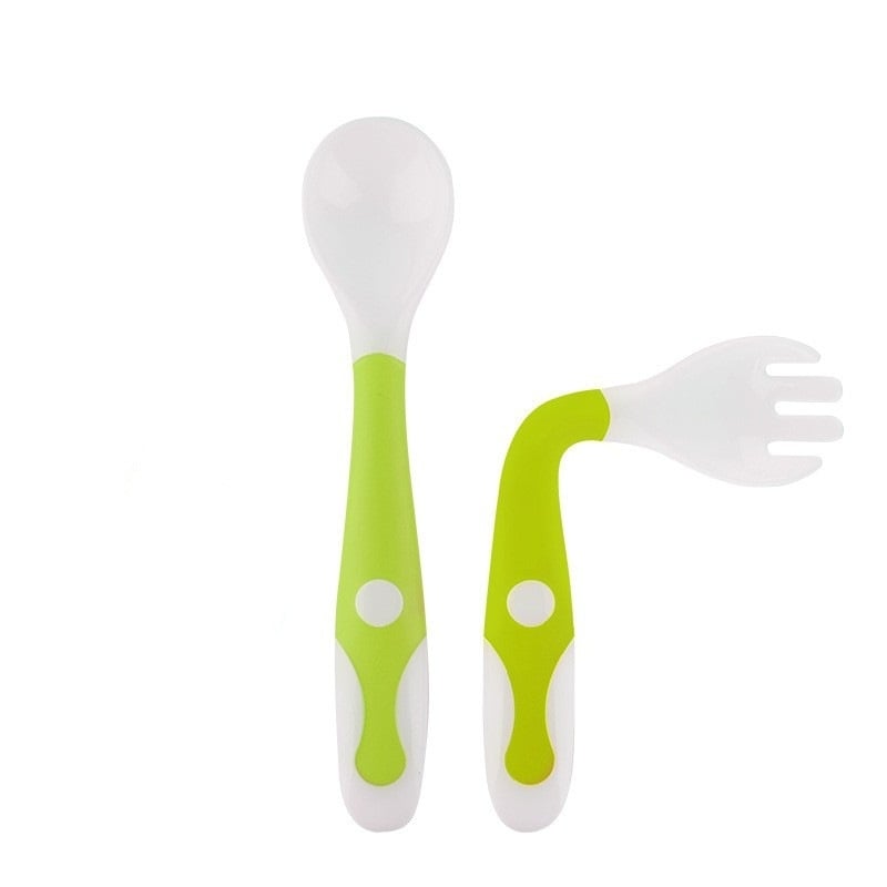 Dvodjelni set zakrivljenih žlica i vilica za bebe, plastika, 12 mjeseci i više, sladak stil