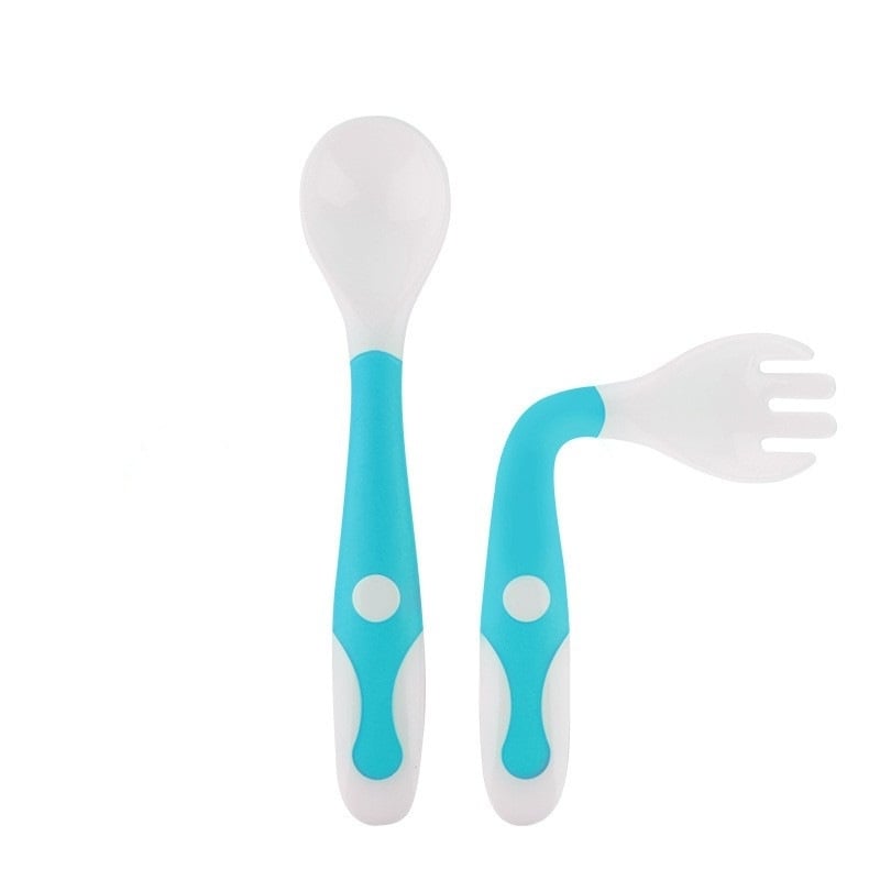 Dvodjelni set zakrivljenih žlica i vilica za bebe, plastika, 12 mjeseci i više, sladak stil