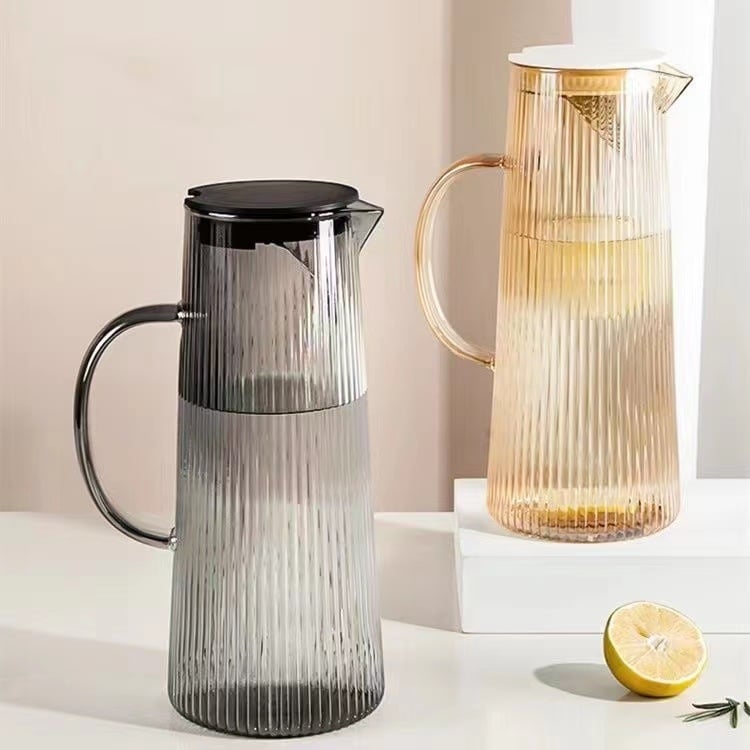 Σετ γυάλινο μπουκάλι νερού σε ιαπωνικού στυλ με κάθετες γραμμές, γυαλί μπόροσιλικό, μεγάλη χωρητικότητα, περιλαμβάνει ποτήρια και καπάκι PP