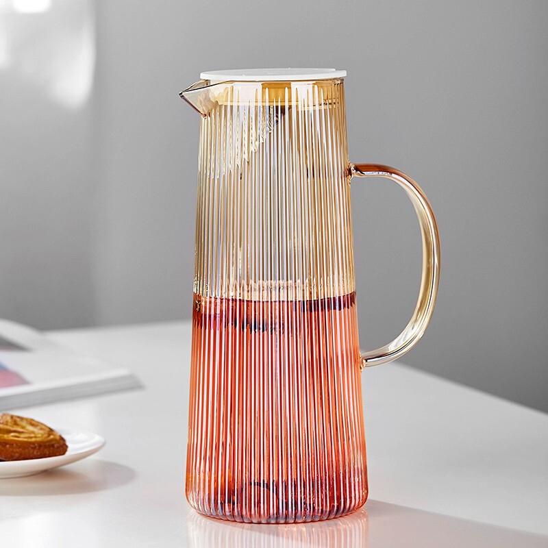 Σετ γυάλινο μπουκάλι νερού σε ιαπωνικού στυλ με κάθετες γραμμές, γυαλί μπόροσιλικό, μεγάλη χωρητικότητα, περιλαμβάνει ποτήρια και καπάκι PP