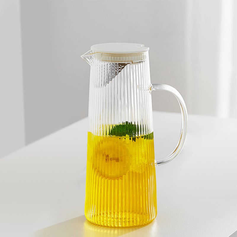 Σετ γυάλινο μπουκάλι νερού σε ιαπωνικού στυλ με κάθετες γραμμές, γυαλί μπόροσιλικό, μεγάλη χωρητικότητα, περιλαμβάνει ποτήρια και καπάκι PP