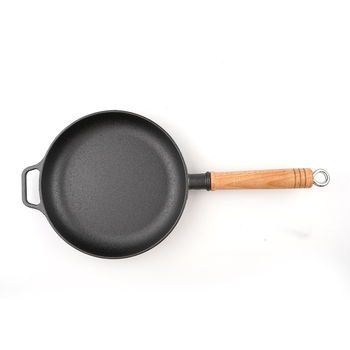 Tava od lijevanog željeza s ravnim dnom i drvenom drškom, bez premaza, za jaja, palačinke i steak